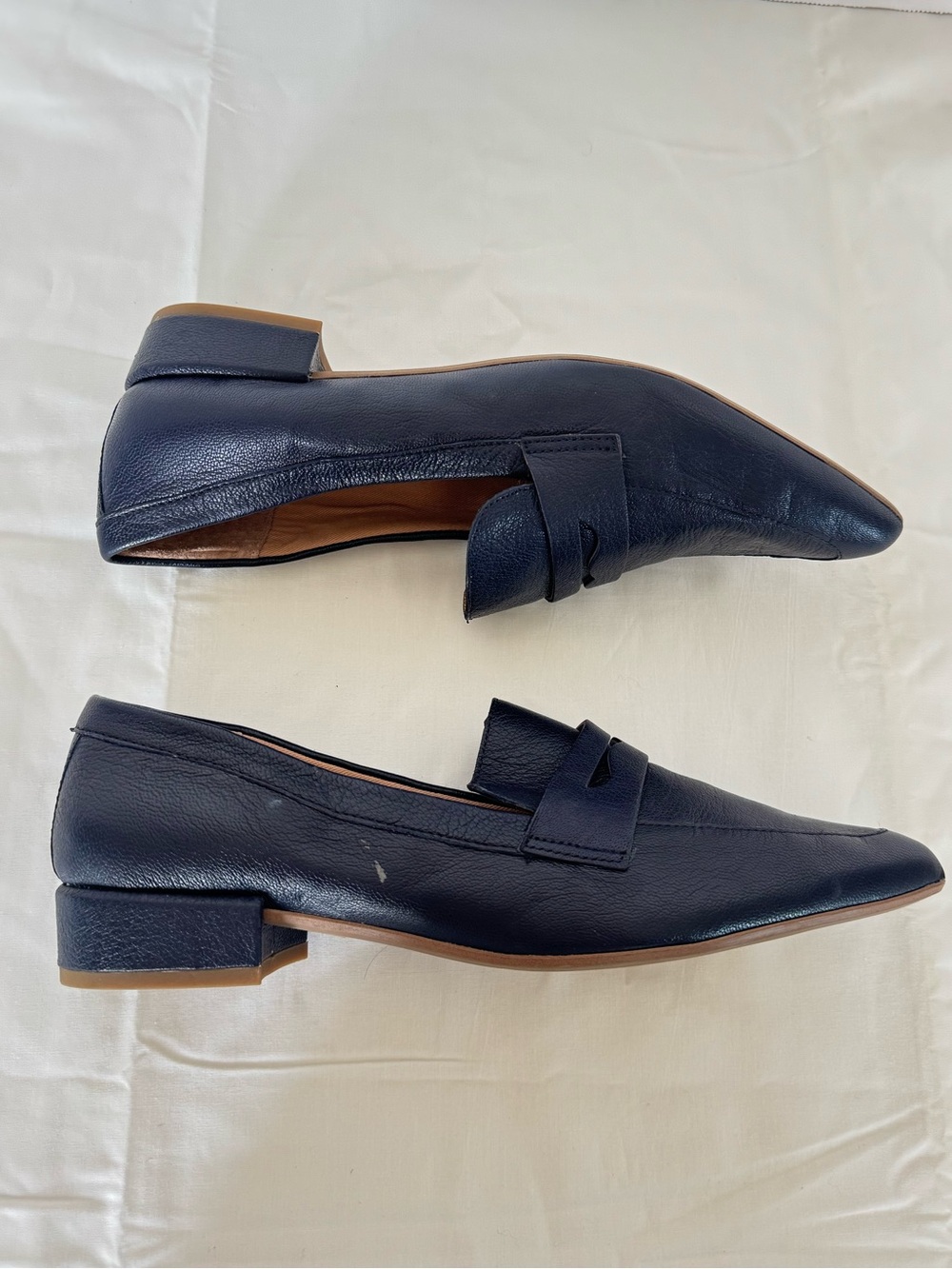 Franco Sarto Navy Leather Penny Loafers with Low Heel Size 9.5M